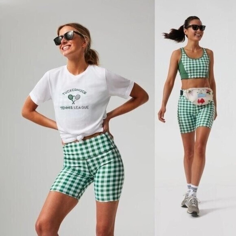 NWT Tuckernuck Compression Tennis/Bike Shorts, Green and White Gingham, S or M